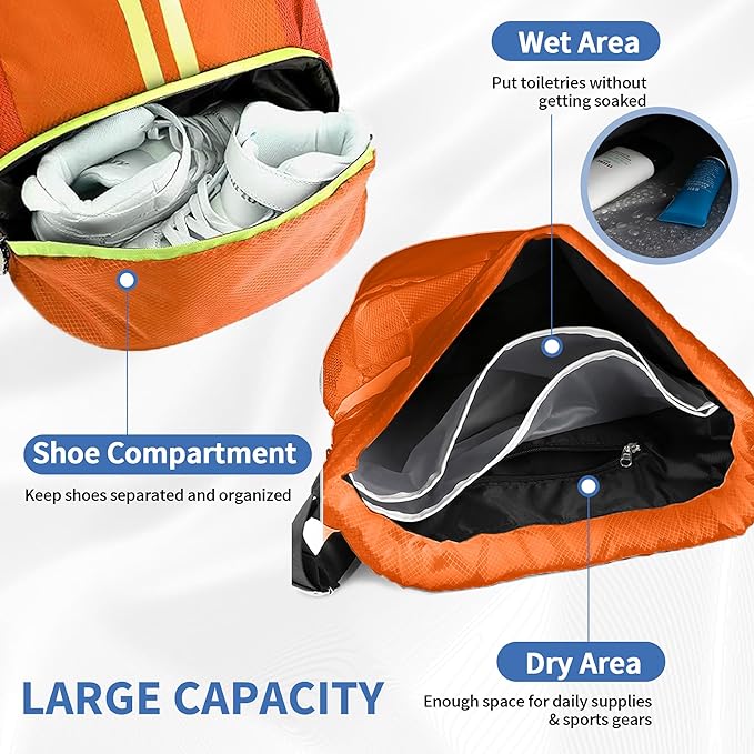 Drawstring Backpack Gym Bag with Shoes Compartment for Soccer, Basketball, Swim, Water-Resistant String Backpack Beach Cinch for Women Men, Orange