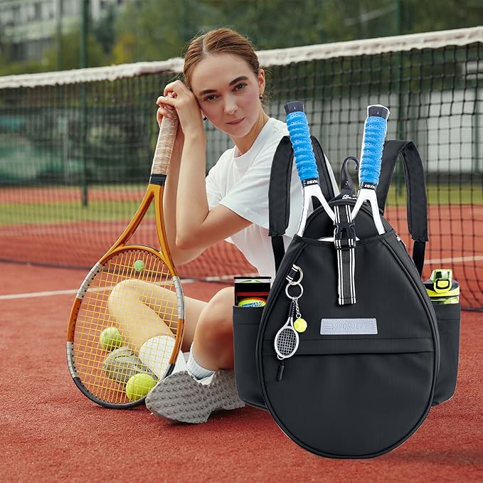 Tennis Backpack with 2 Rackets Holder, Water-Resistant PU Leather Tennis Racket Bag for Women & Men, Sling Crossbody Sports Backpack for Tennis, Pickleball & Badminton, Tennis Gifts
