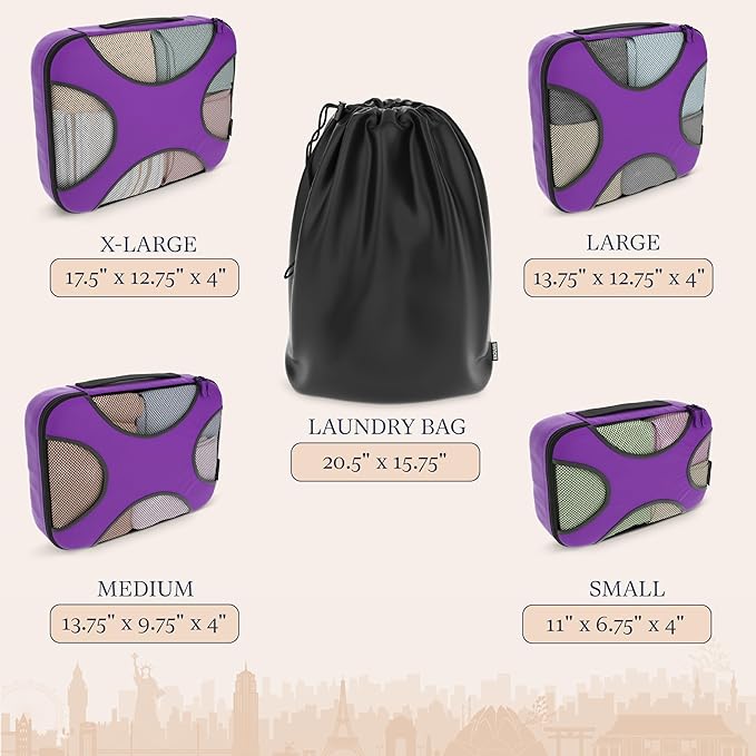 Shacke Premium 5 Packing Cubes Set - Lightweight Mesh Travel Luggage Organizers with Laundry Bag, 5-Piece Suitcase Storage System (Orchid Purple)