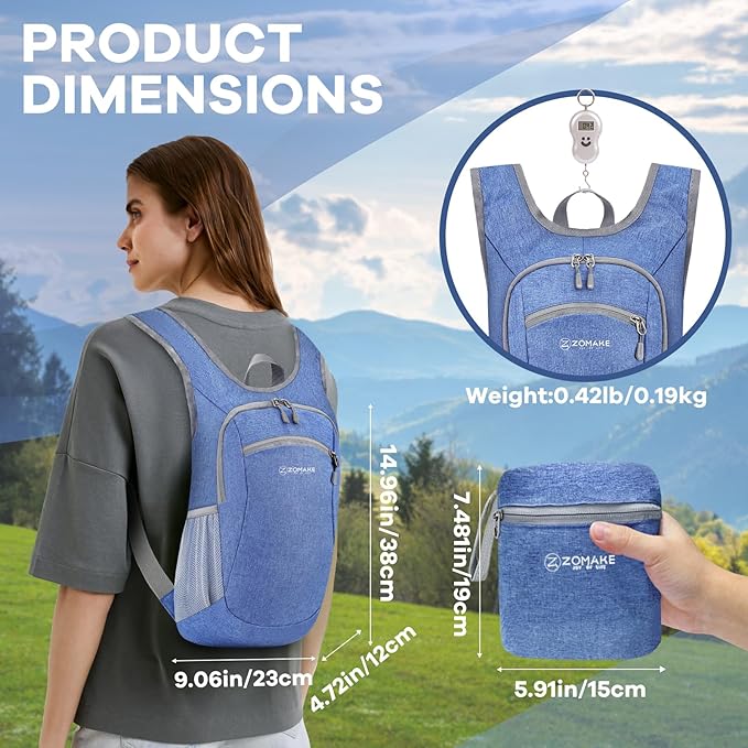 ZOMAKE Ultra Lightweight Packable Backpack 10L,Small Foldable Backpacks Hiking Water Resistant Collapsible Daypack for Women Men(Dark Blue-A1)