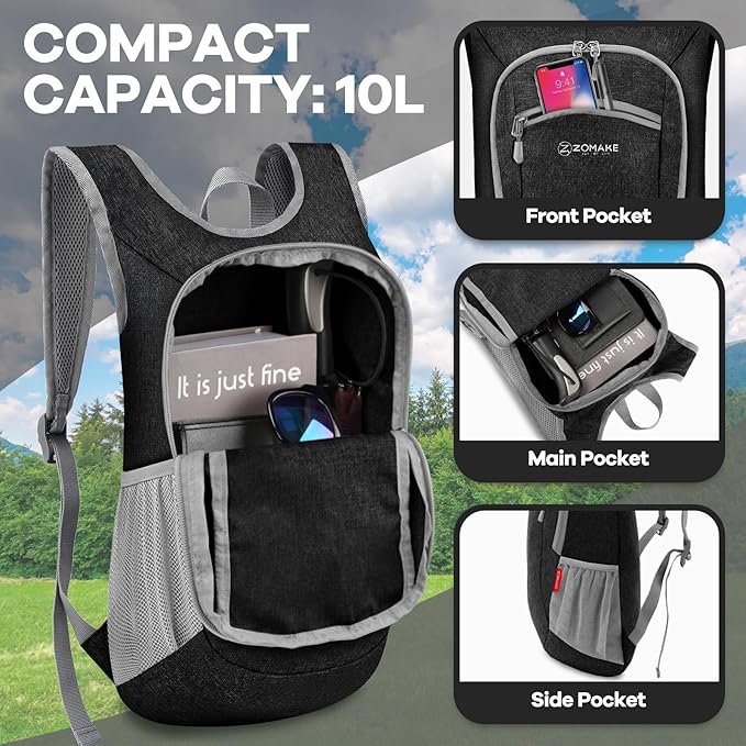 ZOMAKE Ultra Lightweight Packable Backpack 10L,Small Foldable Backpacks Hiking Water Resistant Collapsible Daypack for Women Men(Black-A1)