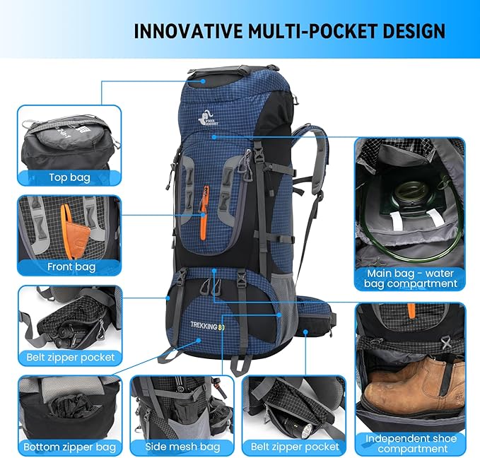 Bseash 80L Waterproof Hiking Camping Backpack with Rain Cover, Lightweight Outdoor Sport Travel Daypack for Climbing Touring (Navy Blue)