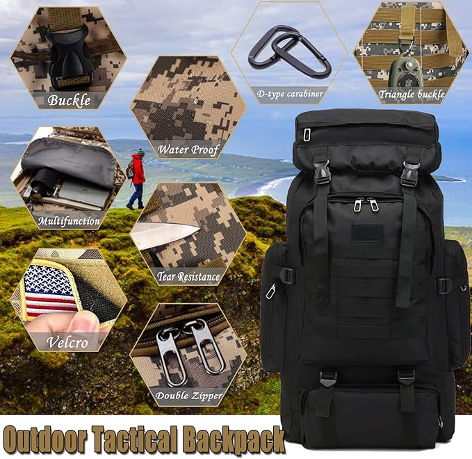 70L Hiking Backpack for Men, Waterproof Lightweight Camping Backpack, Military Rucksack with Molle, 3-Day Assault Pack for Travel, Climbing, Outdoor Sports(Black)
