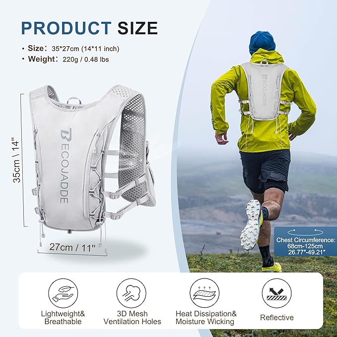 BECOJADDE Running Vest Hydration Backpack for Men Women, 5L Lightweight Running Backpack Hydration Pack for Marathon, Trail, Cycling, Hiking, Jogging