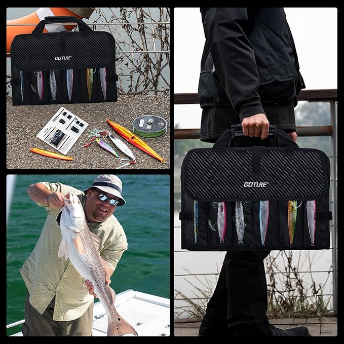 Goture Fishing Jig Bag,20 Mesh Pockets Portable Water-Resistant 600D PU Fishinig Lure Bag Saltwater Freshwater Suitable For Max 10" Length Vertical Jig Slow Pitch Jigging Bait Storage (16.92"x11.81")