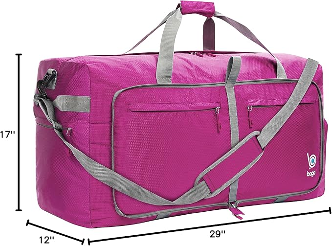 Bago Large Foldable Duffel Bags for Traveling Women & Men - 100L Packable Duffle Bag for Travel with Shoe Compartment - Water Repellant, Heavy Duty, Lightweight Folding & Collapsible (Pink)