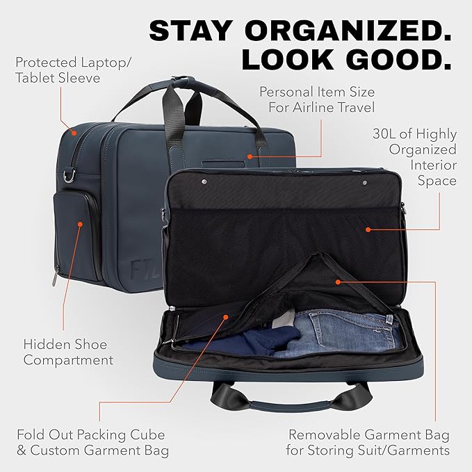 The FTL Pro Mens Travel Bag - 30L Premium Work to Gym Weekender Duffel with Garment Bag, Shoe Space & 18" Laptop Sleeve - Organized Athletic Business Carry On Hybrid, Fits Under Airplane Seat - Blue
