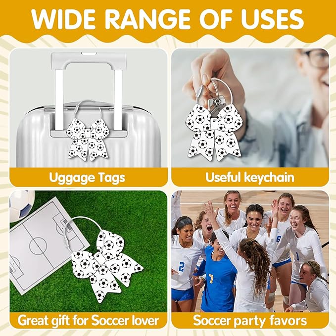 12 Pcs Soccer Bow Luggage Tags for Travel Suitcase Labels with Metal Ring 2.75in Soccer Bow Keychain PVC Name ID Card and DIY Pocket Hug Card for Men Women Travel Bag Suitcase