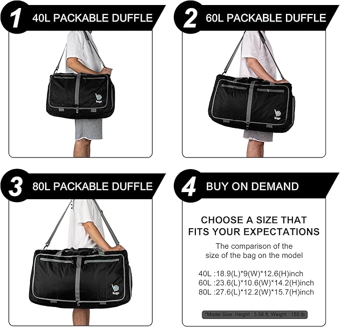 Bago Foldable Duffel Bags for Traveling Women & Men - 40L Sports Packable Duffle Bag for Travel with Shoe Compartment - Water Repellant, Heavy Duty, Lightweight Folding & Collapsible (SnowGray)