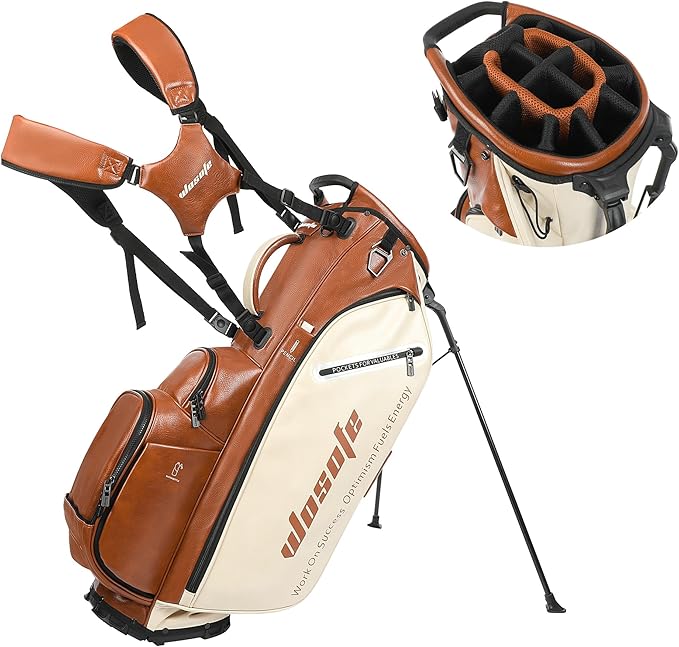 WOSOFE PU Golf Bag with 6/14 Way Top Dividers Automatically Adjustable Dual Straps Elegant Design for Men Women Pu Golf Stand Bag with Multiple Pockets