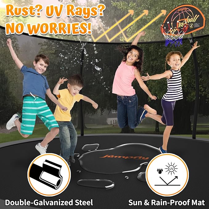 jumpfly Tranpoline 8/10/12/14/15/16FT Tranpoline Outdoor for Kids and Adults Recreational Tranpolines with Basketball Hoop, Anti-Rust Ladder, ASTM Approved