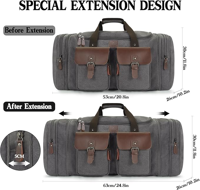 Canvas Duffle Bag for Men 50L Travel Duffel Bags Expandable Genuine Leather Duffel Overnight Weekender Carry On Bag Two Zipper Pockets Travel Bag (Grey, Large-50L)
