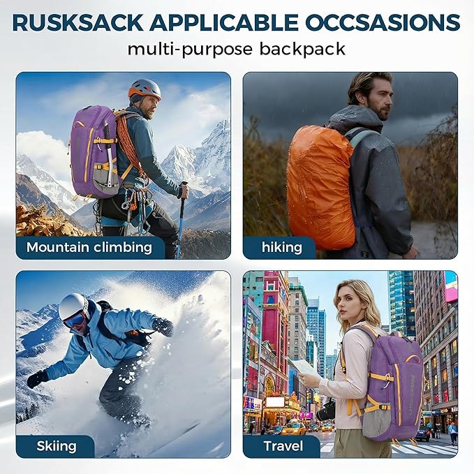 Bseash 45L Waterproof Hiking Camping Backpack with Rain Cover, Outdoor Sport Travel Bag Daypack for Climbing Skiing Cycling (Purple)