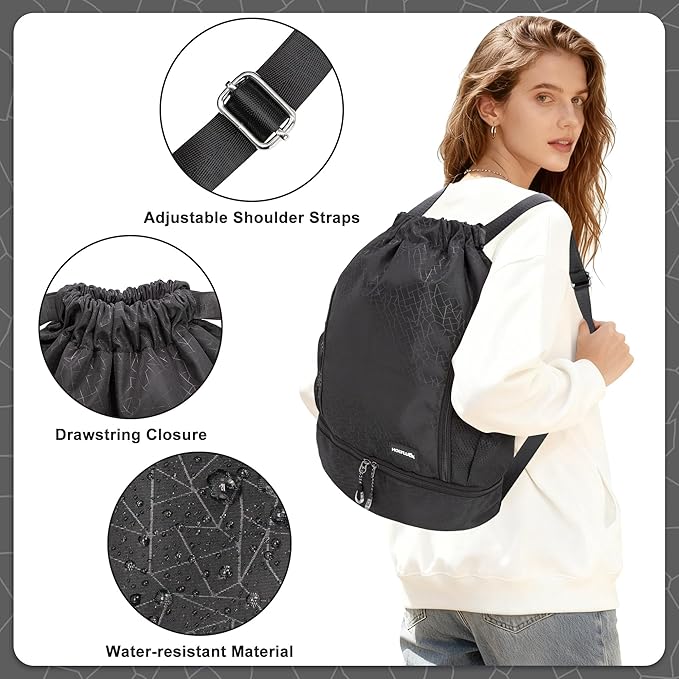 HOLYLUCK Drawstring Backpack with Shoe Compartment, Gym Bag Backpack for Men Women, Cinch Swim Beach Bag String Sports Bag for Soccer and Basketball, Black