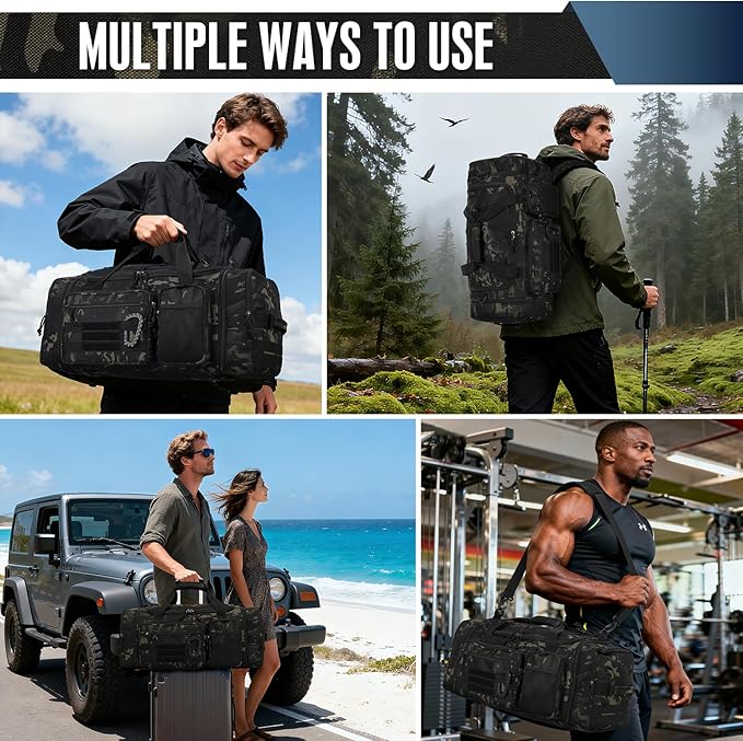 3 in 1 Tactical Gym Bag Backpack for Men 50-55L Expandable Travel Duffle Bag for Women Military Sport Duffel Bags Weekend Overnight with Shoe Compartment & Wet Pocket for Fitness, Camo