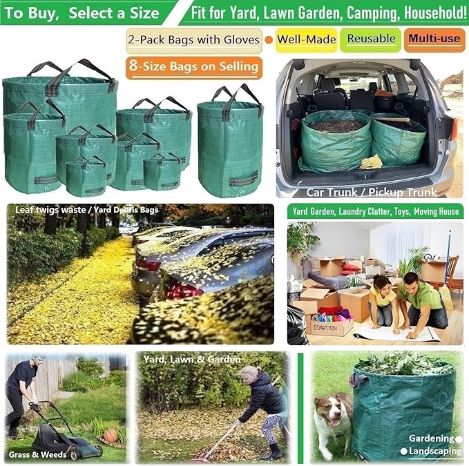 Standard 2-Pack 46 Gallon Lawn Garden Bags (D26,H19 in) Yard Waste Bags W/Gardening Gloves for Leaf Bag,Yard Debris,Trash Container,Recycling Bin,Camping Waste Bin,Grass Clippings,Weeds Bag 4 Handles