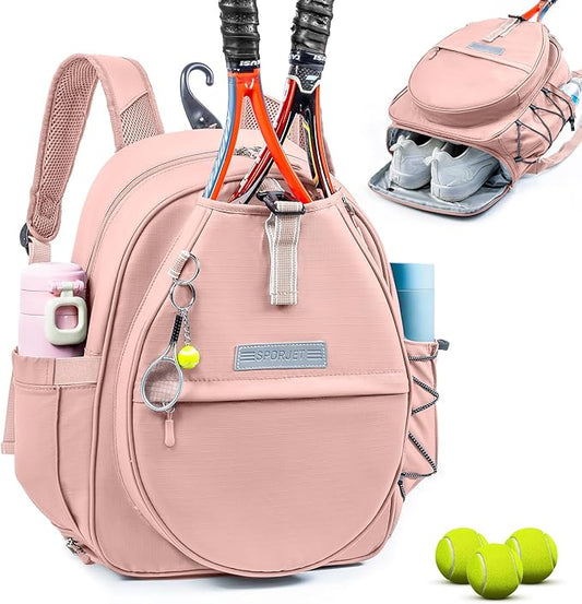 Tennis Backpack with 2 Rackets Holder, Water-Resistant PU Leather Tennis Racket Bag for Women & Men, Sling Crossbody Sports Backpack for Tennis, Pickleball & Badminton, Tennis Gifts