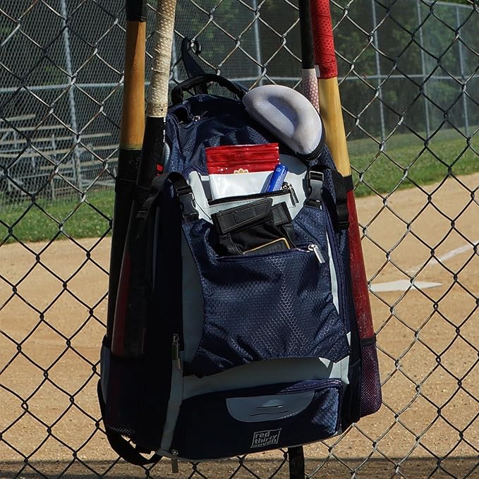 Baseball Backpack with Cleat/Shoe Pocket | Large Capacity | 19.5" T x 14" W x 7.5" D | Holds 4 Bats | External Helmet Storage | 3 Extra Zipper Pockets for Sunglasses, Seeds, Cell Phone (Navy/Gray)