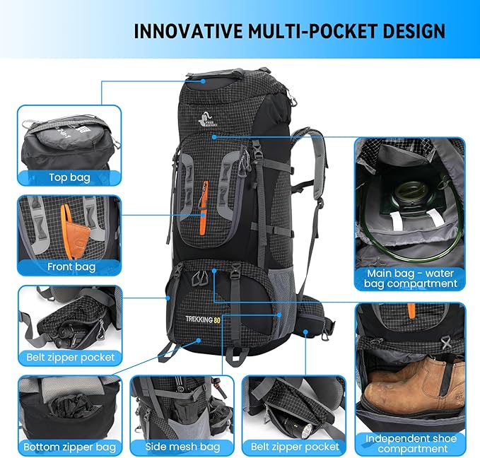 Bseash 80L Waterproof Hiking Camping Backpack with Rain Cover, Lightweight Outdoor Sport Travel Daypack for Climbing Touring (Black)