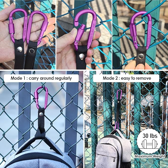 Bag Hook for Fence, Aluminum Alloy Carabiner Strap for Hanging Baseball Softball Pickleball Tennis Bags (Purple 2)