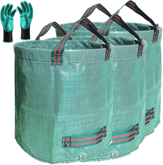 Standard 3-Pack 32 Gallon Lawn Garden Bags (D18,H30 inch) Yard Waste Bags with Gardening Gloves - Reusable Leaf Bags,Yard Debris,Trash Container,Plant Trimmings Bag,Grass Clippings,Weeds Bag 4 Handles