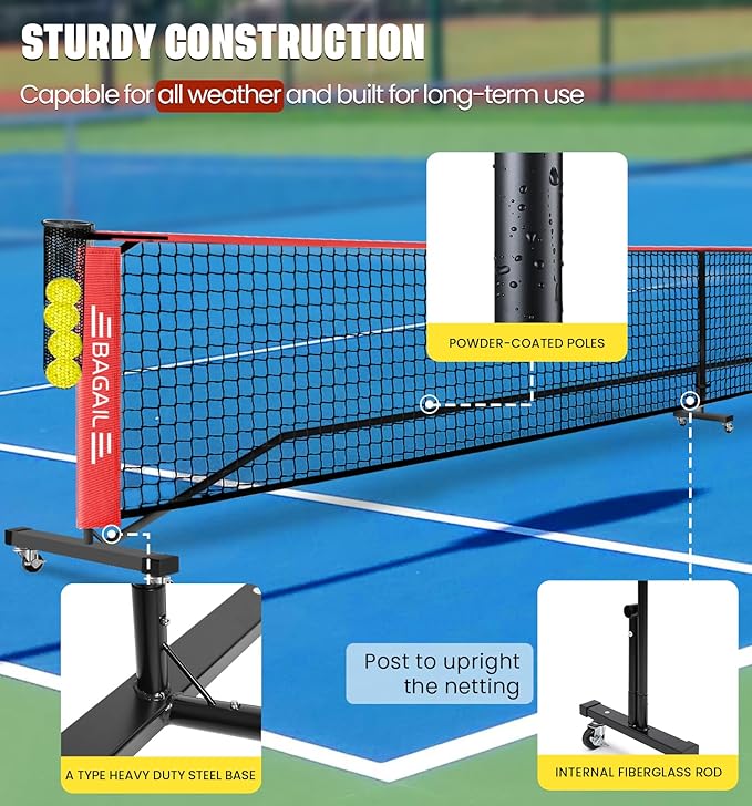 BAGAIL Portable Pickleball Net Set, 22 FT Regulation Size Pickle Ball Net with Ball Collector, 4 Balls and Carry Bag, Easy Setup for Outdoor Indoor Driveway