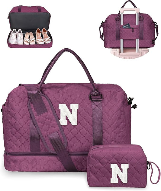 Granddaughter Gift from Grandmom, Kids Birthday Gift-Girl Travel Bags with Shoe Compartment, Weekender Bag, Monogram Overnight Bag for Women, Letter Travel Bag with Makeup Bag (Letter N)