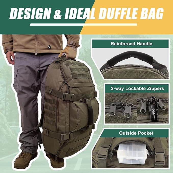 65L Large Travel Gym Duffle Bag with Tensile Strength Pom Buckle Military Tactical Backpack, Army Pack for Outdoor Sport with Molle System, Olive Green