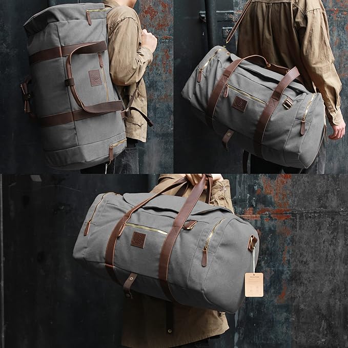 Vintage Canvas Duffle Bag, 50L Genuine Leather Travel Duffel Backpack Multifunctional Overnight Weekender Bag with Shoes Compartment Men (Grey)