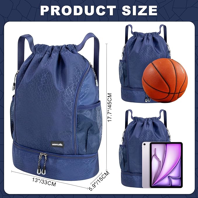 HOLYLUCK Drawstring Backpack with Shoe Compartment, Gym Bag Backpack for Men Women, Cinch Swim Beach Bag String Sports Bag for Soccer and Basketball, Blue