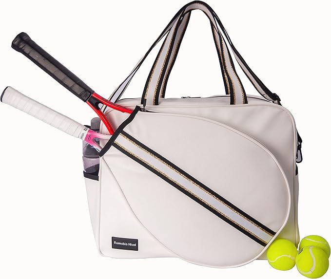 White PU Leather Women Large Sports Handbag Tennis Racket Shoulder Bag Tennis Tote Bag for 2 Rackets, with Water Bottle Holder