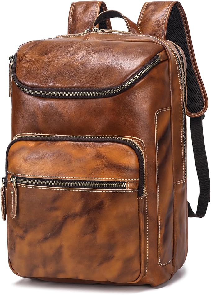 LANNSYNE Vegetable Tanned Leather Backpack For Men, 15.6" Leather Laptop Backpack Hiking Travel Bag Camping Rucksack