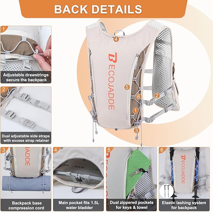 BECOJADDE Running Vest Hydration Backpack for Men Women, 5L Lightweight Running Backpack Hydration Pack for Marathon, Trail, Cycling, Hiking, Jogging
