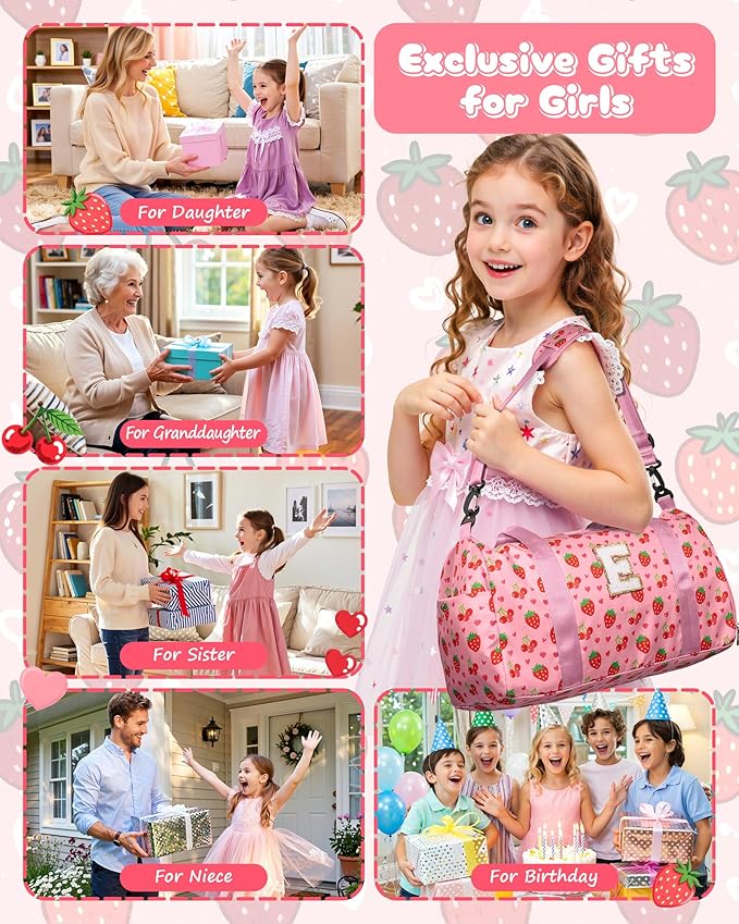 Birthday Gifts for 4 5 6 7 8 9 10 11 12 13 Year Old Girls, Initial Duffle Bag for Kids, Cute Dance Bag for Girls, Overnight Sleepover Gym Bag with Shoe Compartment & Wet Separation