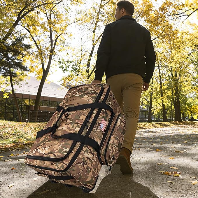 150L Large Rolling Duffle Bag with Wheels, Heavy Duty 32'' Tri-Wheel Gear Hauler for Camping,Moving Sports Equipment, Military & Airline Checked Bag Approved,Camo