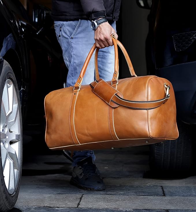 Leather Travel Bag,Weekender Overnight Bag Leather Large Carry On Bag Travel Tote Duffel Bag for Men & Women (Tan Brown)