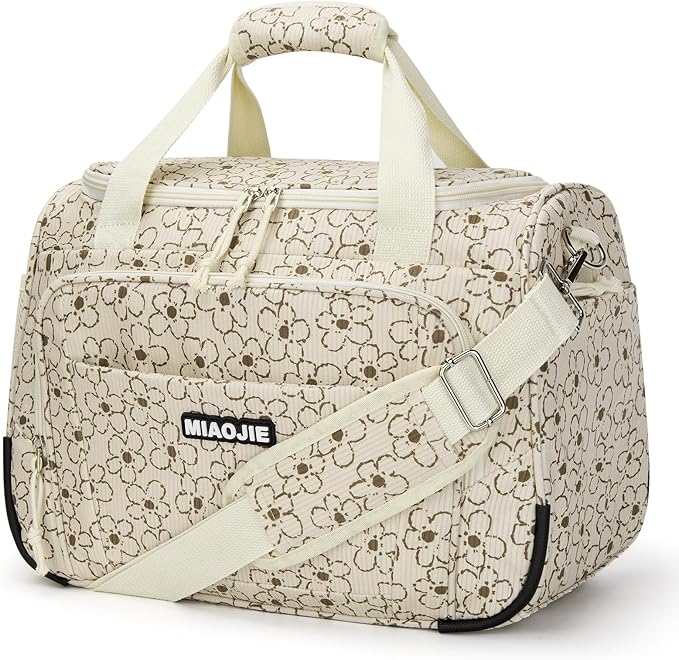 Underseat Carry On Luggage Lightweight Travel Tote Weekender Bag Overnight Duffle Bag for Travel, Travel Essentials Personal Item Travel Bag for Women, Corduroy Small Flower-16Inch