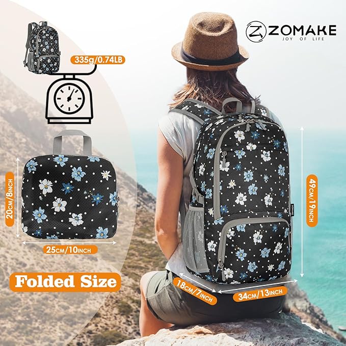 ZOMAKE Lightweight Packable Backpack 30L, Foldable Hiking Backpacks Water Resistant Compact Folding Daypack for Travel(Black,Floral pattern)