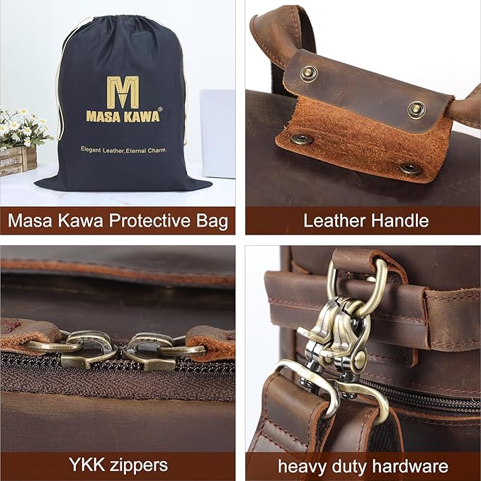 Masa Kawa Leather Duffle Bags for Men Travel Gym Cowhide Weekender Overnight 30L Carry on Luggage Duffel Bag with Dividers Toiletry Wet Pocket, Vintage Brown