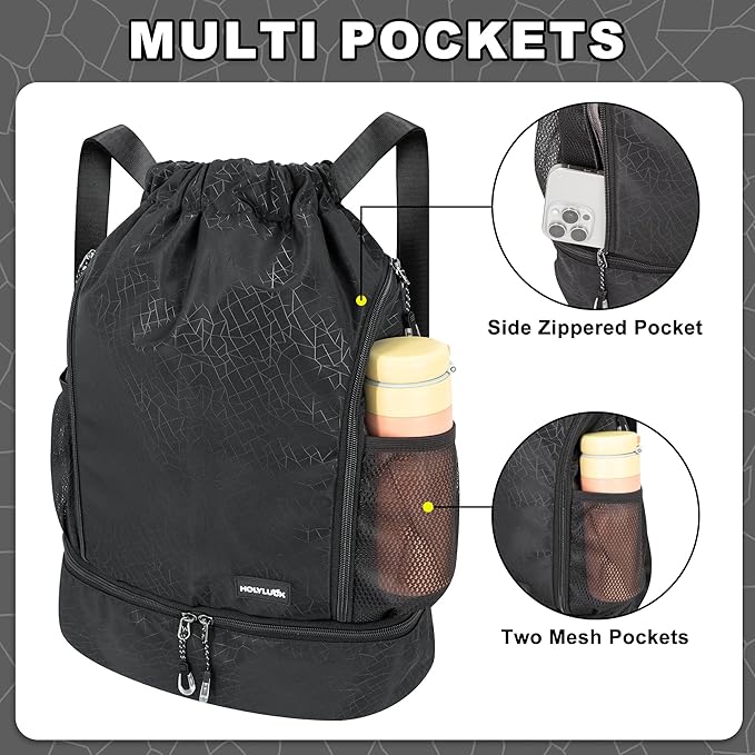 HOLYLUCK Drawstring Backpack with Shoe Compartment, Gym Bag Backpack for Men Women, Cinch Swim Beach Bag String Sports Bag for Soccer and Basketball, Black