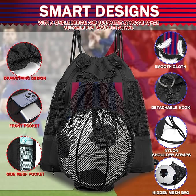 KAEGREEL Drawstring Soccer Bag Basketball Backpack for Kids Teens, Foldable Sports Bags Detachable Ball Mesh Bag for Gym Yoga Football Baseball
