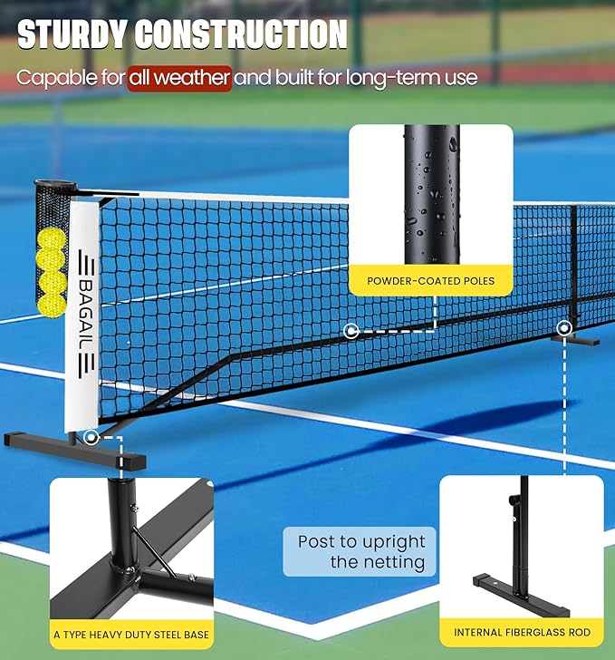 BAGAIL Portable Pickleball Net Set, 22 FT Regulation Size Pickle Ball Net with Ball Collector, 4 Balls and Carry Bag, Easy Setup for Outdoor Indoor Driveway