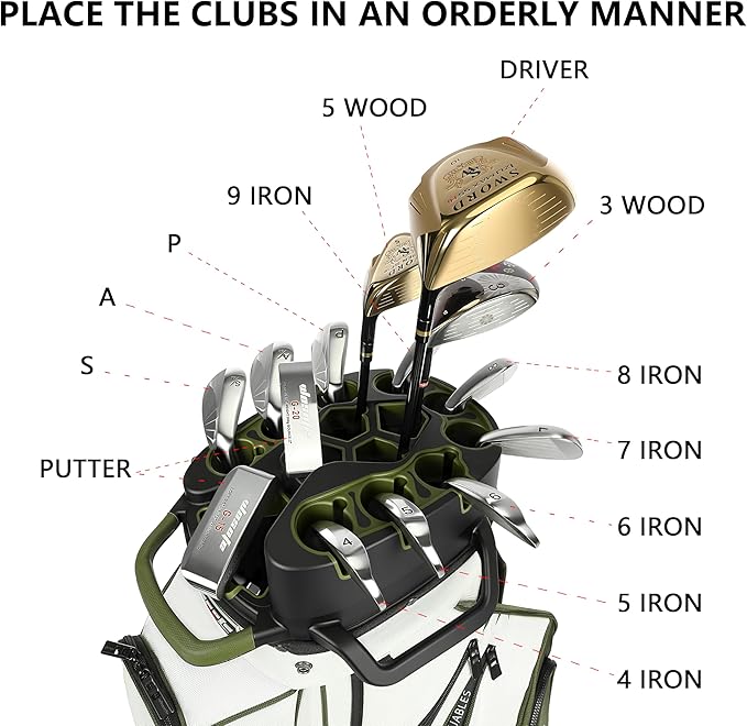 14 Way Full-Length Divider Top Men Golf Cart Bag, Fixed Slots Clubs Organized Premium Oxford Cloth Women 13 Pockets Black Blue Green Golf Bag with 3 Handles Cooler Rain Cover