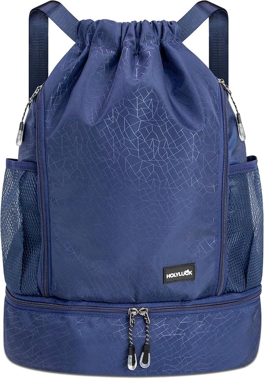 HOLYLUCK Drawstring Backpack with Shoe Compartment, Gym Bag Backpack for Men Women, Cinch Swim Beach Bag String Sports Bag for Soccer and Basketball, Blue