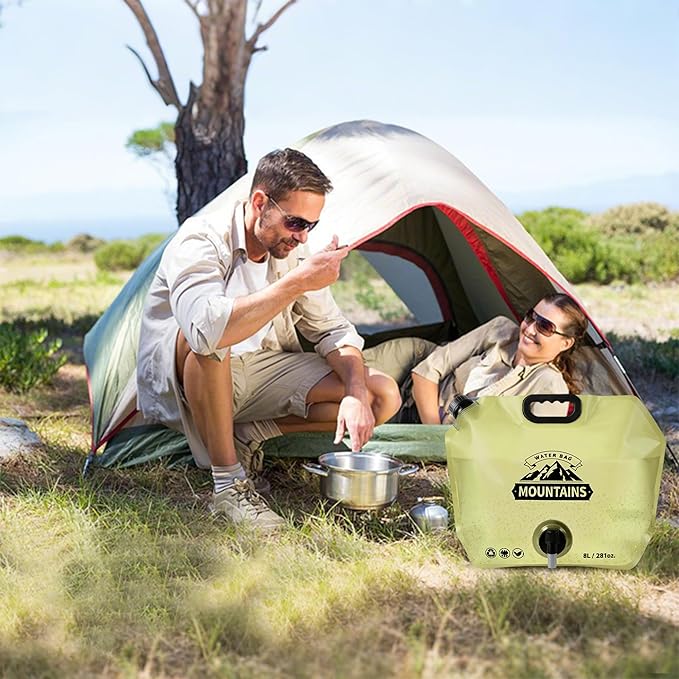 Collapsible 8L Water Storage Bag, BPA-Free Portable Folding Water Jug with Adjustable Faucet, Leakproof Emergency Water Bag for Camping, Hiking, Riding, Outdoor Sport (2, Beige & Green)