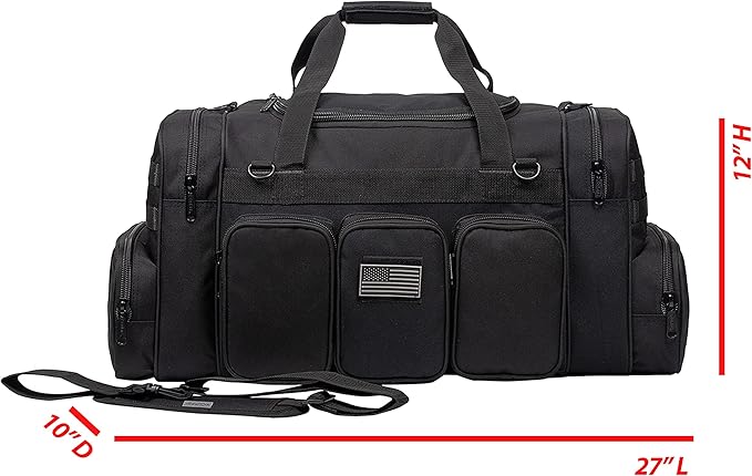 K-Cliffs Heavy Duty Tactical Range Duffel Quality Gear Travel Sports Gym Equipment Bag Military Molle Lockable Zippers with US Flag Patch 27 Inch Black