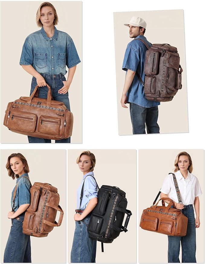 FADEON Duffle Bag for Women, Large Convertible Carry on Overnight Backpack, Designer Leather Mens Weekend Bags for Travel