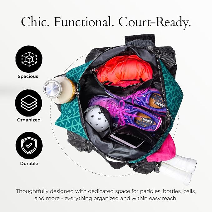 Pik’le’Ball Sport Premium Women's Pickleball Bag – Stylish and Versatile Sports Bag with Water Bottle Holder, Padded Paddle Pocket, and Spacious Design (fits 2+ Paddles!)