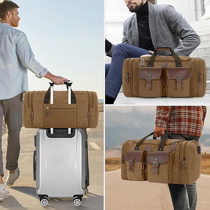 Canvas Duffle Bag for Men 50L Travel Duffel Bags Expandable Genuine Leather Duffel Overnight Weekender Carry On Bag Two Zipper Pockets Travel Bag (Coffee, Large-50L)