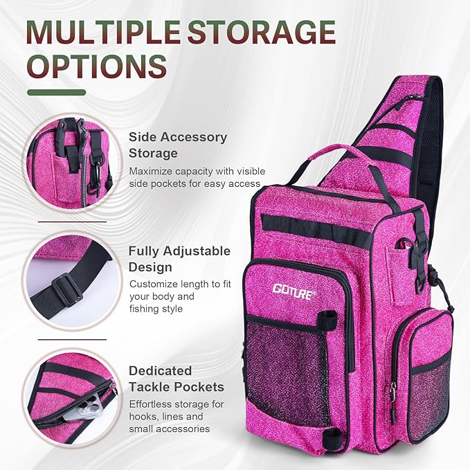 Goture OpenSide Tactical Sling Tackle Bag with 3 Tackle Trays, Lightweight Fishing Backpack Storge Fishing Gear -Shimmering Pink Bag Outdoor,Gift for women